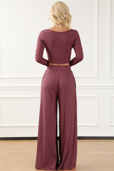 Solid Color Ribbed Crop Top Long Pants Set-Loungewear-MomFashion