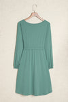 Green Button Up High Waist Long Sleeve Dress-Dresses-MomFashion