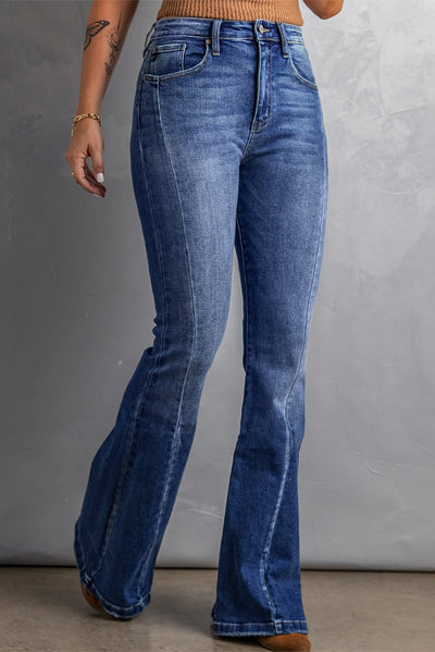 Dark Blue Plus Size Stitching Washed Flare Jeans-Plus Size-MomFashion