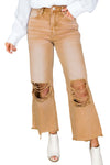 Brown Distressed Hollow-out High Waist Cropped Flare Jeans-Bottoms-MomFashion