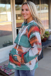 Multicolor Aztec Print Zipped Split Neck Hoodie-Tops-MomFashion