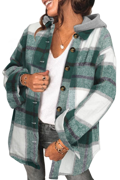 Green Hooded Plaid Button Front Shacket-Outerwear-MomFashion