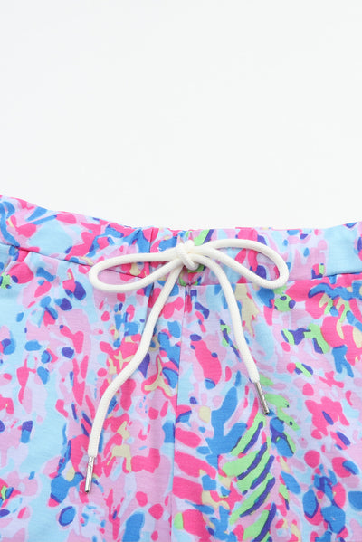 Sky Blue Floral Long Sleeve Top and Drawstring Shorts Set-Loungewear-MomFashion