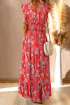 Fiery Red Multicolor Floral Ruffled Crop Top and Maxi Skirt Set-Dresses-MomFashion