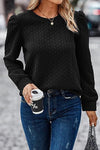 Black Cable Textured Puff Sleeve Sweatshirt-Tops-MomFashion