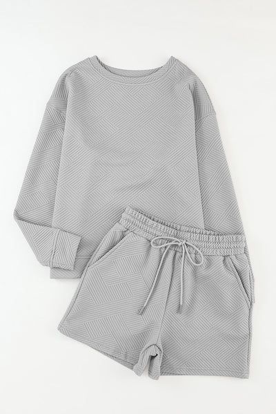 Gray Textured Long Sleeve Top and Drawstring Shorts Set-Loungewear-MomFashion