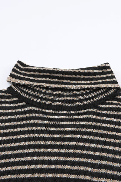 Black Striped Turtleneck Loose Sweater-Tops-MomFashion