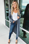 Blue Slub Knit Pocketed Open Front Maxi Cardigan-Tops-MomFashion