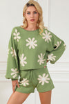 Green Flower Print Bubble Sleeve Knitted Sweater and Shorts Set-Loungewear-MomFashion