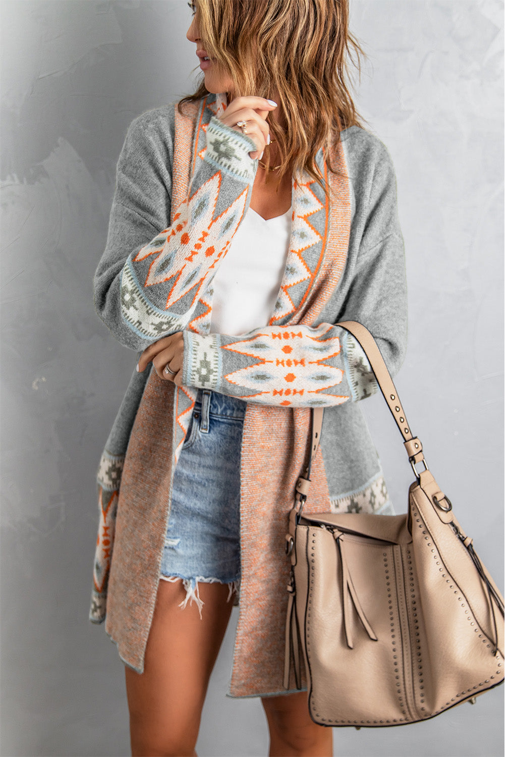 Gray Aztec Print Open Front Knitted Cardigan-Tops-MomFashion