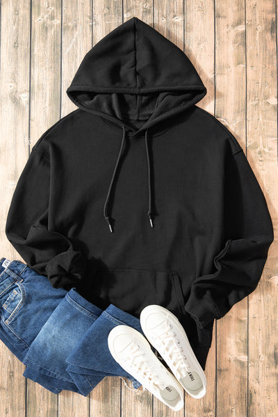 Black Fleece Lined Kangaroo Pocket Drawstring Chunky Hoodie-Tops/Sweatshirts & Hoodies-MomFashion