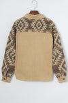 Khaki Aztec Print Patchwork Frayed Edge Corduroy Jacket-Outerwear-MomFashion