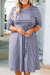 Gray Striped Tie Waist 3/4 Sleeve Plus Size Dress-Plus Size-MomFashion