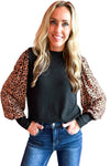 Black Leopard Print Long Sleeve Ribbed Knit Blouse-Tops-MomFashion