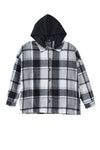 Gray Hooded Plaid Button Front Shacket-Outerwear-MomFashion