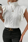 White Turtle Neck Short Sleeve Cable Knit Ruffled Sweater-Tops-MomFashion