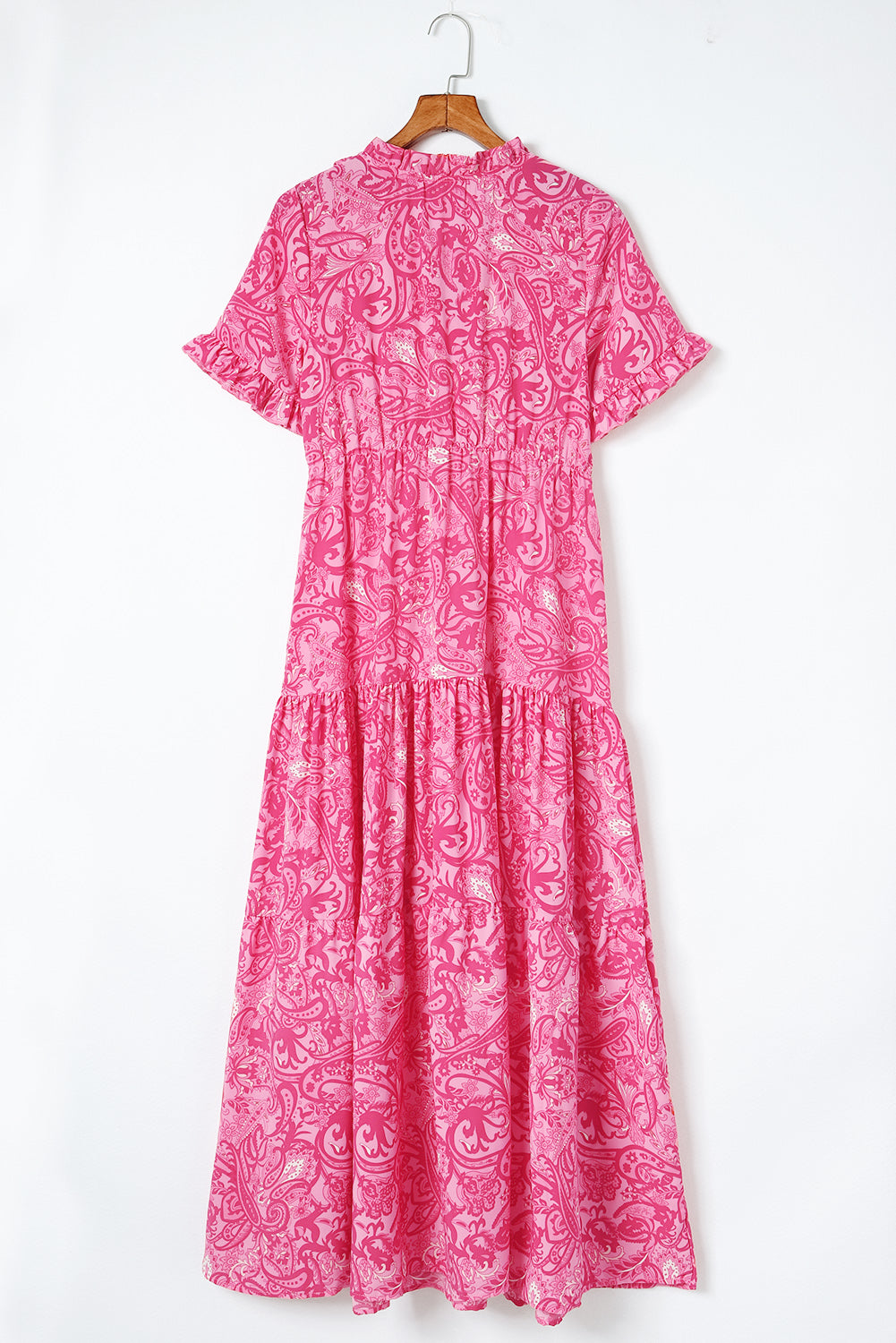 Pink Paisley Print Boho Holiday Ruffle Tiered Maxi Dress-Dresses-MomFashion