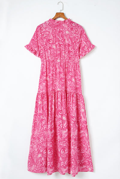 Pink Paisley Print Boho Holiday Ruffle Tiered Maxi Dress-Dresses-MomFashion