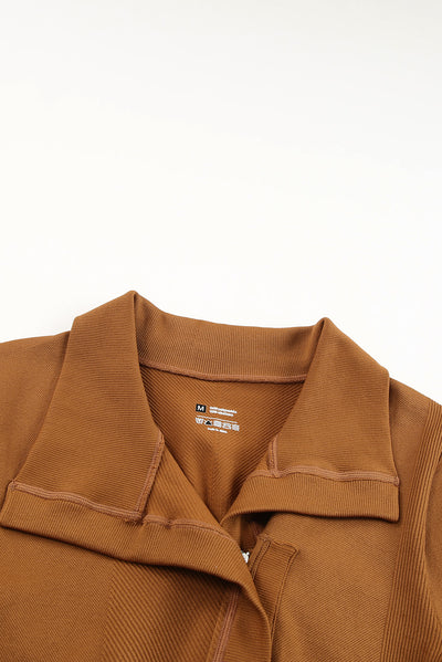 Brown Collared Asymmetric Ribbed Detail Motor Jacket-Outerwear-MomFashion