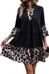 Black Leopard Trim V Neck Ruffled Sleeve Flared Dress-Dresses-MomFashion