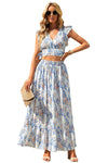 White Floral Ruffled Crop Top and Maxi Skirt Set-Dresses-MomFashion