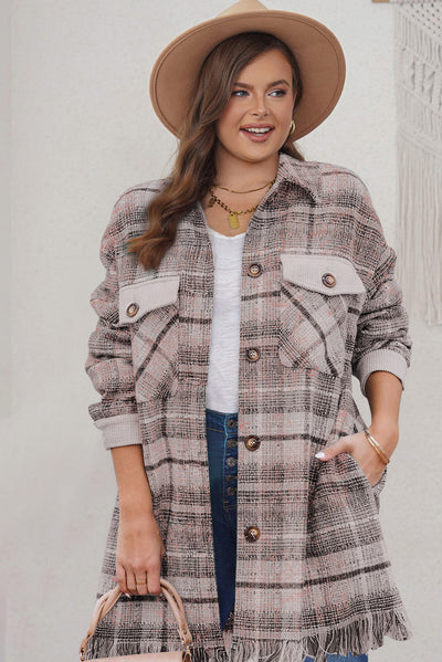 Pink Plus Size Macrame Plaid Coat-Plus Size-MomFashion