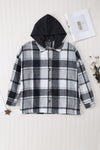 Gray Hooded Plaid Button Front Shacket-Outerwear-MomFashion