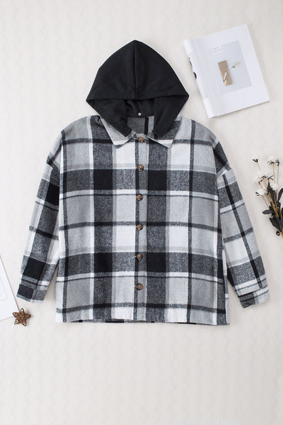 Gray Hooded Plaid Button Front Shacket-Outerwear-MomFashion