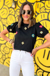 Black Embroidered Flower Short Puff Sleeve Tee-Tops-MomFashion