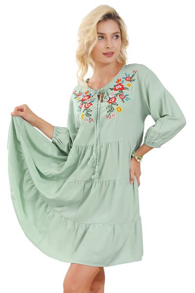 Green Floral Embroidery Tiered Ruffle Hem Dress-Dresses-MomFashion