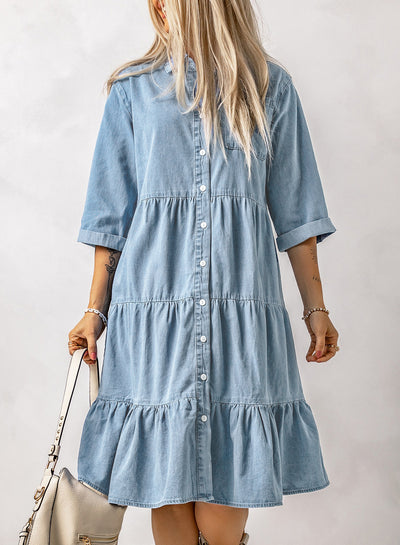 Sky Blue Ruffled Denim Full Buttoned Midi Dress-Dresses-MomFashion