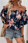 Blue Ruffle Off Shoulder Flounce Sleeve Floral Blouse-Tops-MomFashion