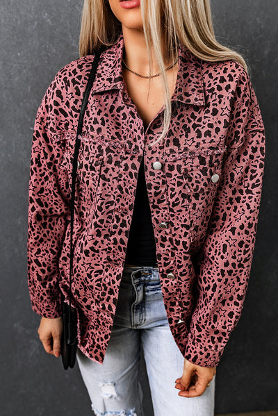 Pink Stars & Animal Spots Print Button Up Denim Shacket-Outerwear-MomFashion