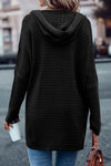 Black Horizontal Rib Knitted Open Front Hooded Cardigan-Tops-MomFashion