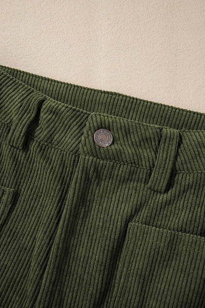 Green High Waist Square Pockets Corduroy Pants-Bottoms-MomFashion