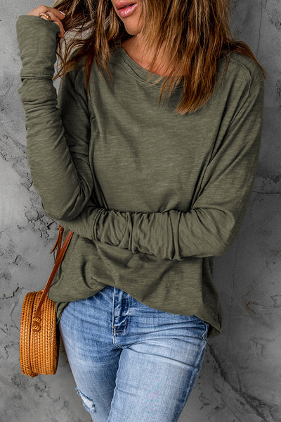 Green Solid Crew Neck Long Sleeve Long Sweatshirt-Tops-MomFashion