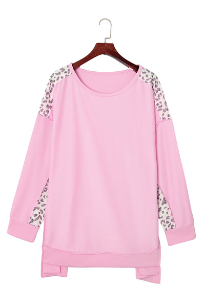 Pink Exposed Seam Leopard Splicing Plus Size Sweatshirt-Plus Size-MomFashion