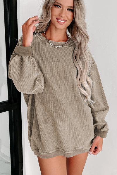 Khaki Solid Ribbed Knit Round Neck Pullover Sweatshirt-Tops-MomFashion