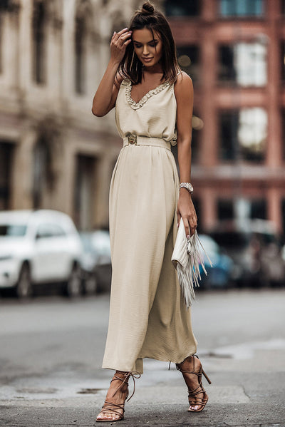 Apricot V Neck Sleeveless Maxi Dress with Elastic Belt-Dresses-MomFashion