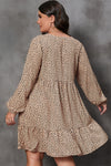 Brown Leopard Spotted Print Tiered Long Sleeve Plus Size Dress-Plus Size-MomFashion