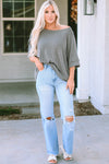 Gray Boatneck Batwing Sleeve Cording Blouse-Tops-MomFashion