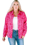 Pink Leopard Print Button Cuffs Raw Hem Jacket-Outerwear-MomFashion