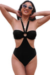 Black Halter O-ring Ruched Bust One Piece Swimsuit-Swimwear-MomFashion