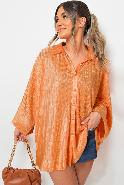 Grapefruit Orange Solid Color Crinkled Wide Sleeve Button up Shirt-Tops-MomFashion