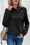 Black Asymmetric Buttons Detail High Neck Textured Sweatshirt-Tops-MomFashion