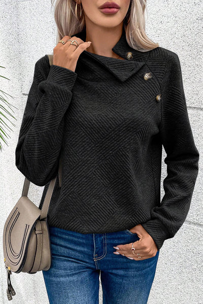 Black Asymmetric Buttons Detail High Neck Textured Sweatshirt-Tops-MomFashion