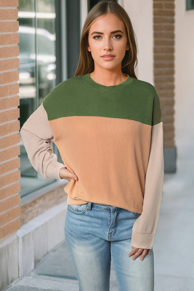 Green Color Block Long Sleeve Ribbed Loose Top-Tops-MomFashion