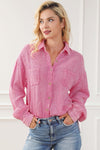 Pink Mineral Wash Crinkle Textured Chest Pockets Shirt-Tops-MomFashion