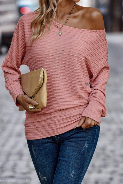 Dusty Pink Textured Knit Long Sleeve Top-Tops-MomFashion