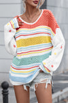 Multicolor Hollow Striped Knit Contrast Sleeve Sweater-Tops-MomFashion